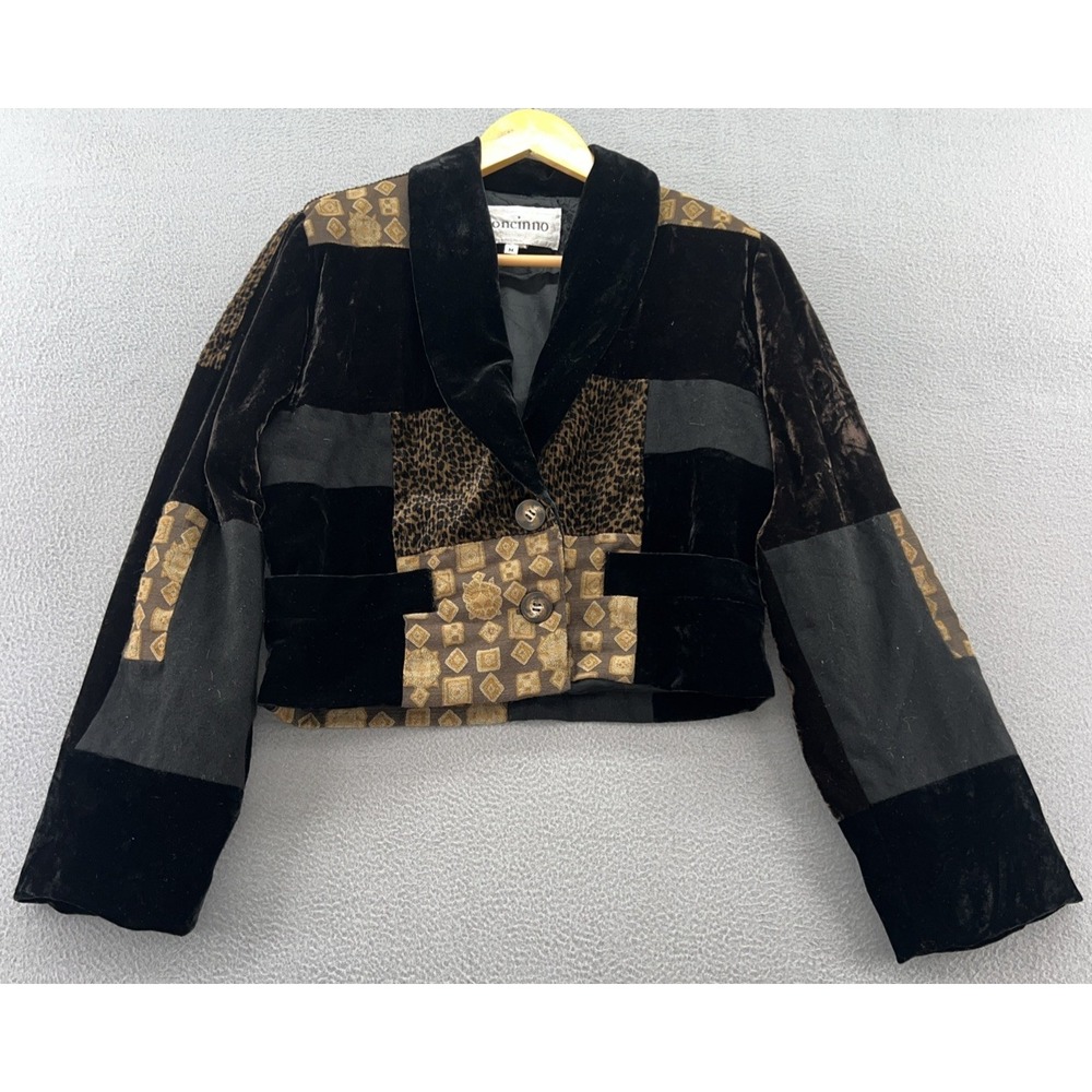 VTG Concinno Jacket Womens M Patchwork Velvet Leopard Print Cropped Black Gold